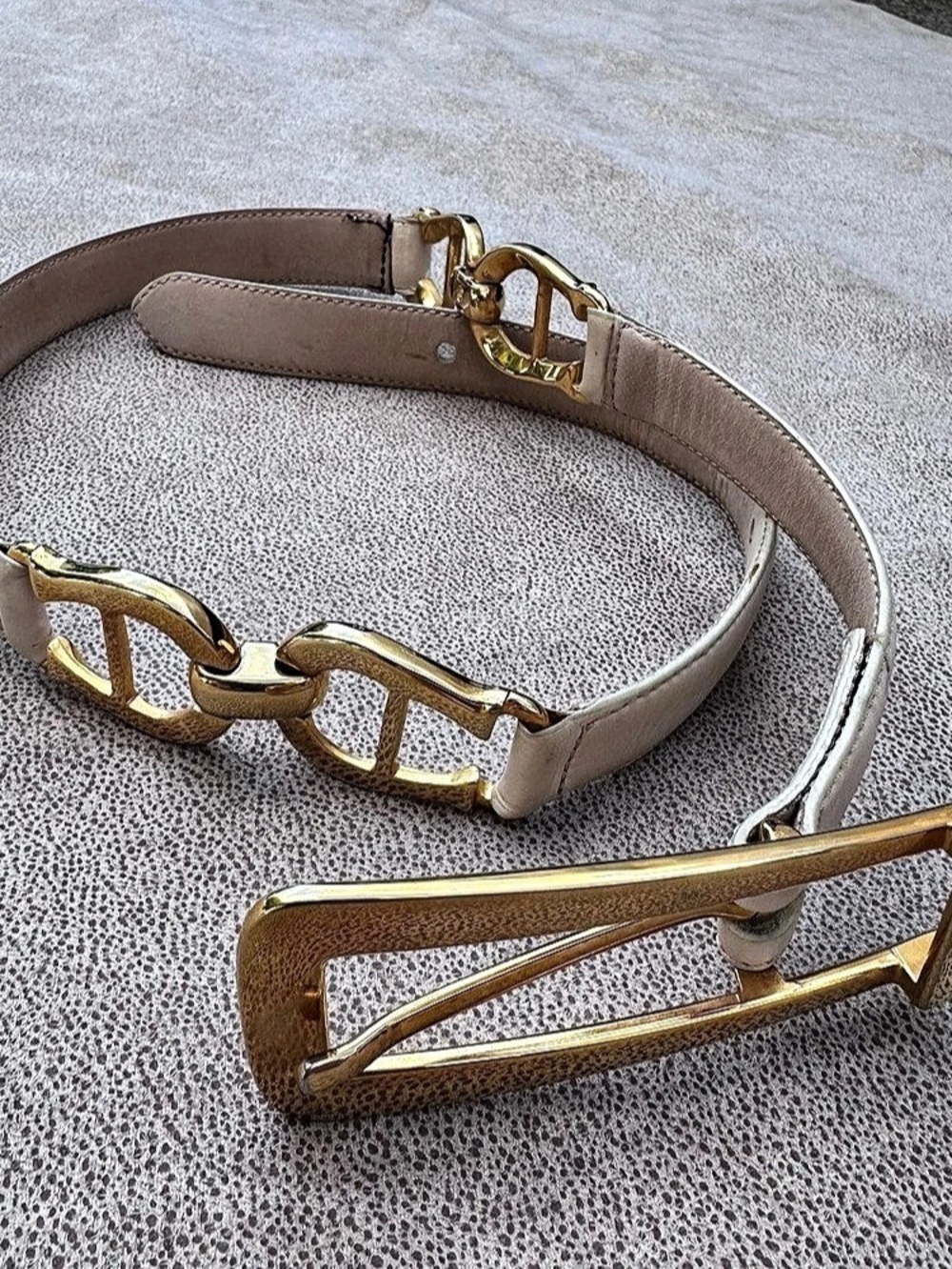 Vintage Etienne Aigner White Leather Belt Gold Hardware Horsebit Logo Dress